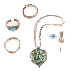 Six Antique Chinese Multi-Stone, Silver Jewelry Items.