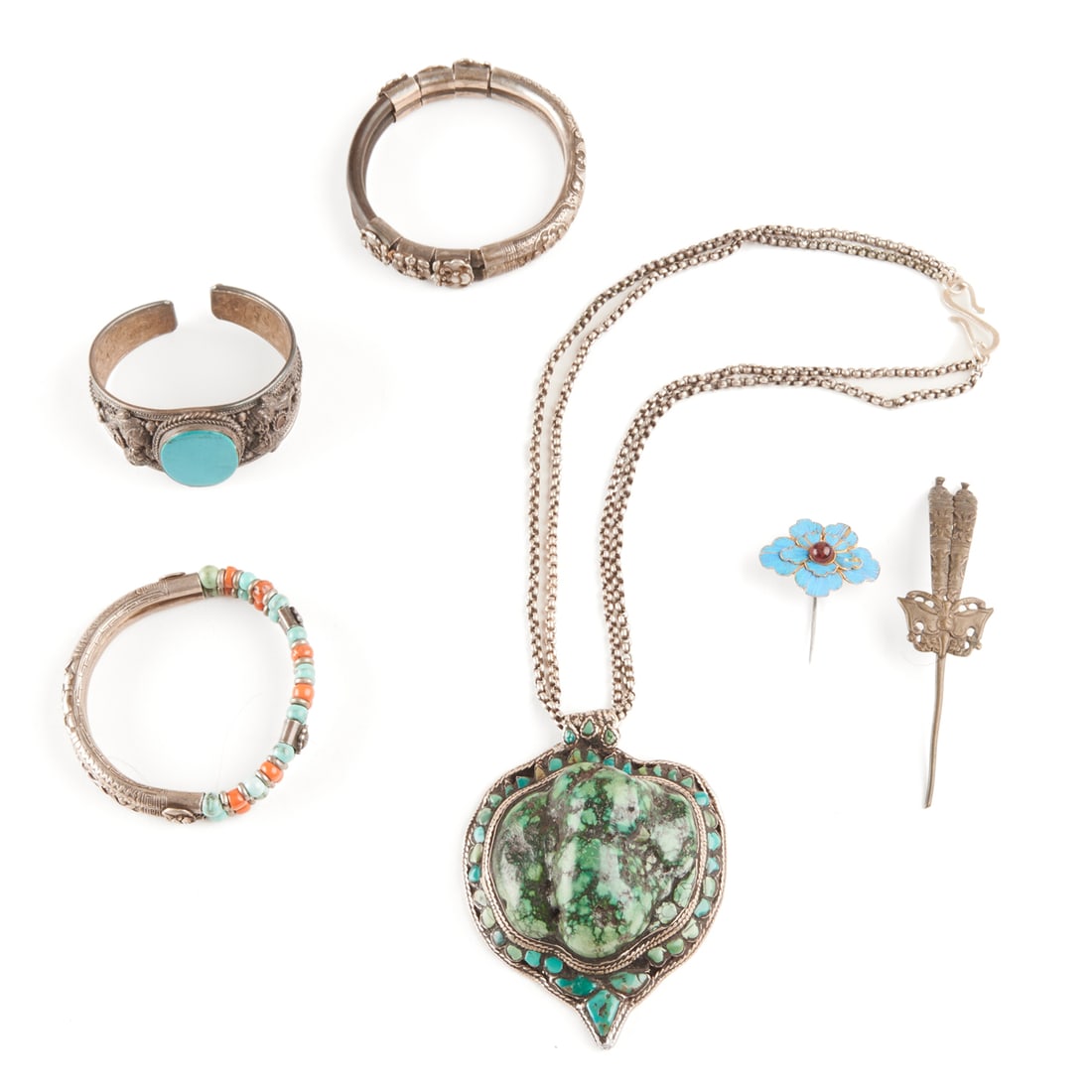 Six Antique Chinese Multi-Stone, Silver Jewelry Items. (1 of 4)