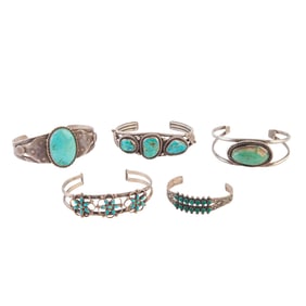 Five Native American Turquoise, Silver Cuff Bracelets.