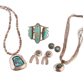 Five Native American Turquoise, Silver Jewelry Items.