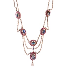 Antique Sapphire, Seed Pearl, Silver Swag Necklace