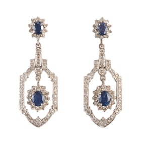 Pair of Sapphire, Diamond, 14k White Gold Earrings.