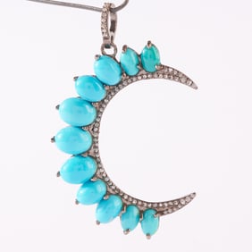 Turquoise, Diamond, Oxidized Silver Crescent Pendant.