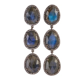Pair of Labradorite, Diamond, Oxidized Silver Earrings.
