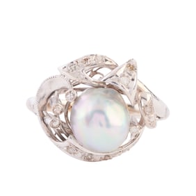 Cultured Pearl, Diamond, 14k White Gold Ring.