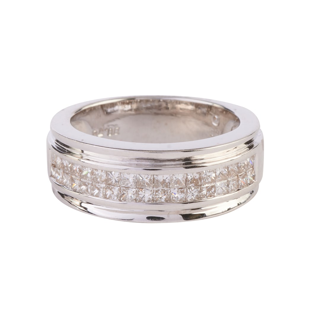 Diamond, 18k White Gold Ring.: Diamond, 18k White Gold Ring. Featuring thirty-four princess-cut diamonds weighing a total of approximately 0.70 cttw., set in an 18k white gold mounting. {Size: 5 1/2, Gross Weight: 5.2 dwts}