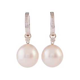 Pair of Cultured Pearl, Diamond, 14k Gold Earrings.