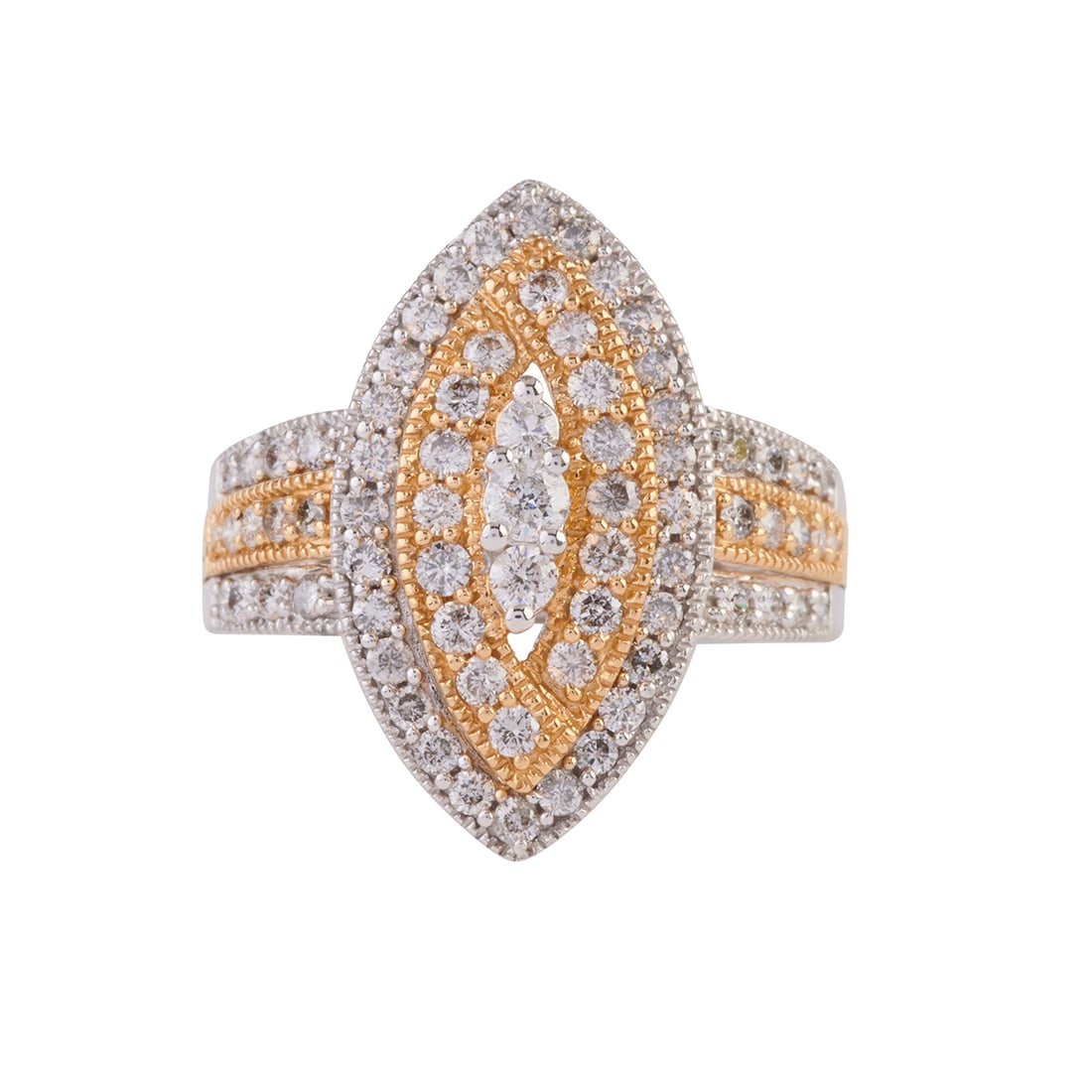 Diamond, 14k Yellow and White Gold Ring.: Diamond, 14k Yellow and White Gold Ring. Featuring seventy-three full-cut diamonds weighing a total of approximately 1.10 cttw., set in a 14k yellow and white gold navette shaped mounting. {Size: 7, G