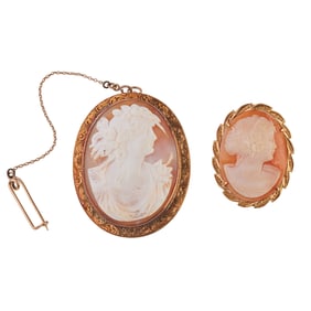Two Shell Cameo, Yellow Gold Pendant Brooches.