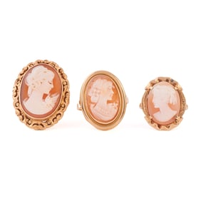 Collection of Three Shell Cameo, 14k Yellow Gold Rings.