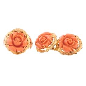 *Carved Coral, 14k Yellow Gold Jewelry Suite.