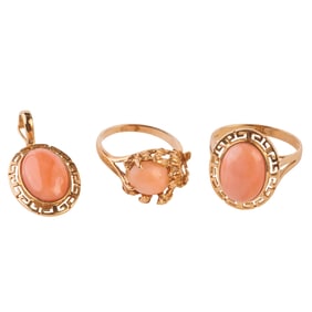 Three Coral, 14k Yellow Gold Jewelry Items.