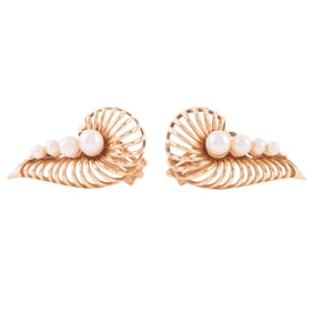 Pair of Cultured Pearl, 14k Yellow Gold Ear Clips.