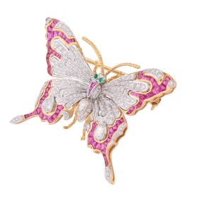 Diamond, Multi-Stone, 18k Gold Butterfly Brooch.