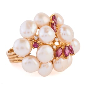 Cultured Pearl, Ruby, Diamond, 14k Yellow Gold Ring.