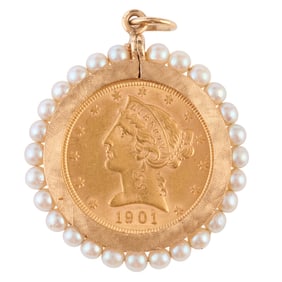 U.S. Gold Coin, Cultured Pearl, 14k Yellow Gold Pendant