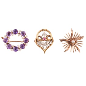 Collection of Three Multi-Stone, Yellow Gold Brooches.
