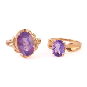 Two Amethyst, 14k Yellow Gold Rings.