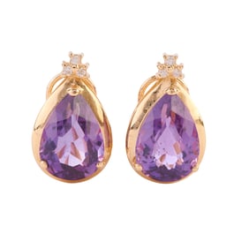 Pair of Amethyst, Diamond, 14k Yellow Gold Earrings.