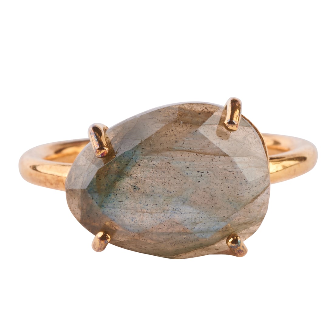 Labradorite, Vermeil Ring.: Labradorite, Vermeil Ring. Featuring one egg shaped, faceted-top labradorite measuring approximately 14.1 x 10.7 mm, set in a vermeil mounting. {Size 8, Gross Weight: 2.1 dwts}