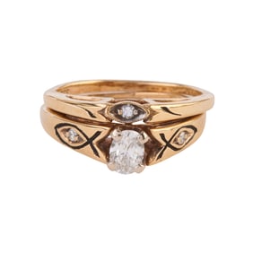 Diamond, 14k Yellow Gold Wedding Ring Set.