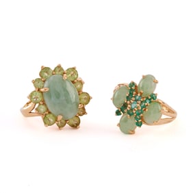 Two Jade, Multi-Stone, 14k Yellow Gold Rings.