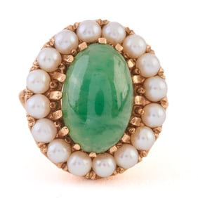 Jade, Cultured Pearl, 14k Yellow Gold Ring.