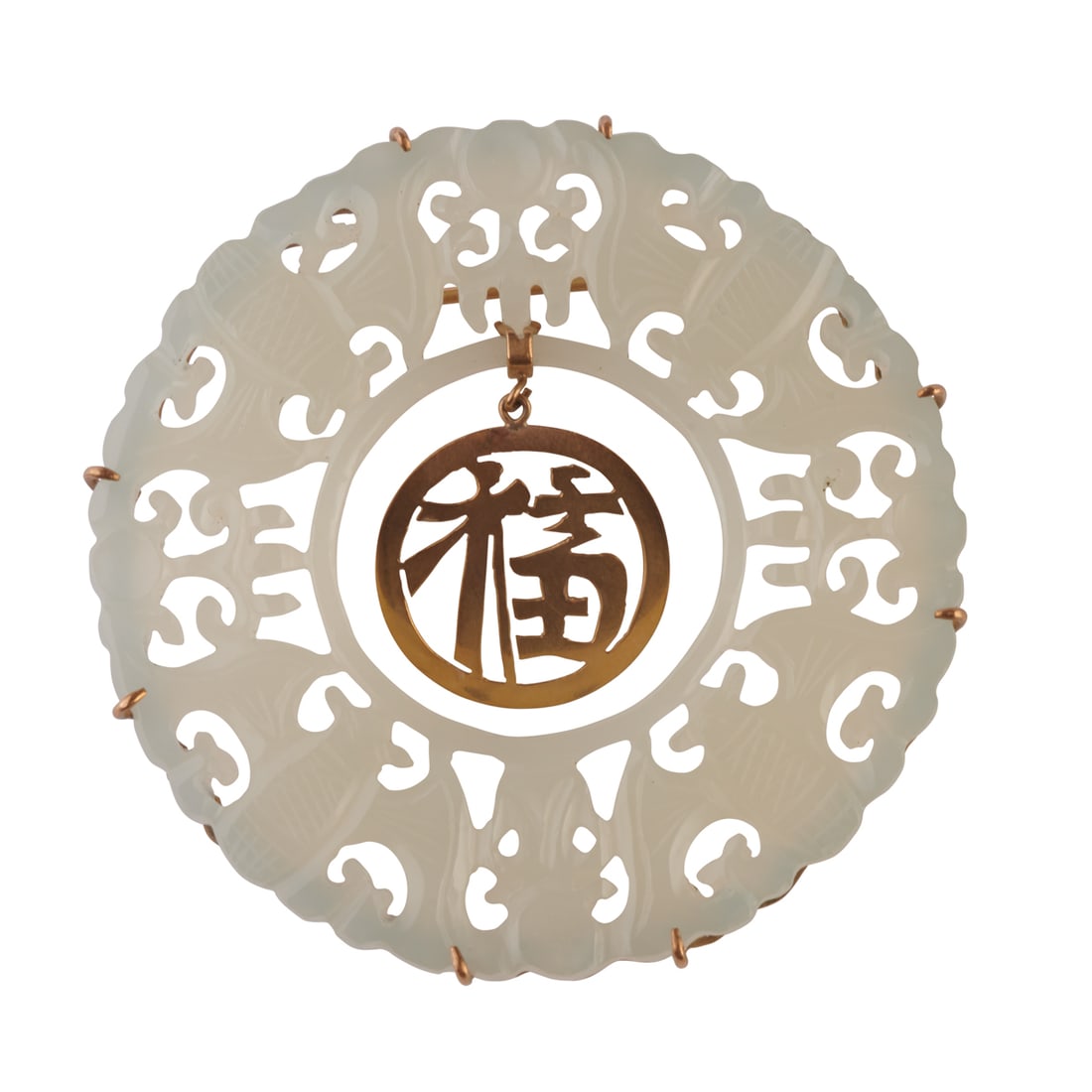 Mutton Fat Jade, 10k Yellow Gold Pendant Brooch.: Mutton Fat Jade, 10k Yellow Gold Pendant Brooch. Featuring a carved circular mutton fat jade plaque depicting four bats, set in a 10k yellow gold pendant brooch mounting with centering articulated Chi