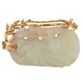 Carved Mutton Fat Jade, 14k Yellow Gold Pendant.