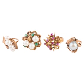 Four Cultured Pearl, Multi-Stone, Yellow Gold Rings