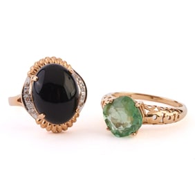 Two Black Onyx, Fluorite, Diamond, 14k Gold Rings.