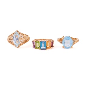 Collection of Three Multi-Stone, 14k Yellow Gold Rings.