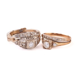 Two Diamond, Yellow and White Gold Wedding Ring Sets.
