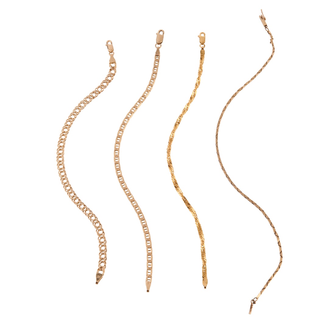 Collection of Four 14k Yellow Gold Bracelets.: Collection of Four 14k Yellow Gold Bracelets. Including three 14k yellow gold fancy link bracelets measuring approximately 7 1/4 inches in length and one 14k yellow gold fancy link bracelet measuring