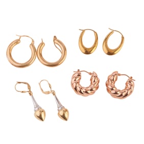 Four Pairs of 14k Yellow, White and Rose Gold Earrings.