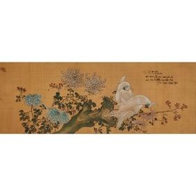 Chinese Silk Painting, Two Parrots.