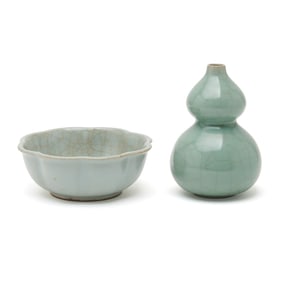 Chinese Guan-Type Double-Gourd Vase And Bowl