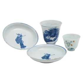 Group of Chinese Blue and White Teacups and Chargers