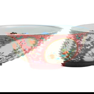 Chinese Famille Rose Bowl: Chinese Famille Rose Bowl. The exterior decorated with reverses of flowers over a pink ground, the interior painted in blue glazed flowers on the base and to the side, the bottom bearing Daoguang six