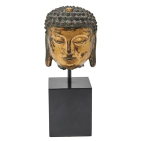 Tibtan Gilt Bronze Buddha's Head on Pedestal