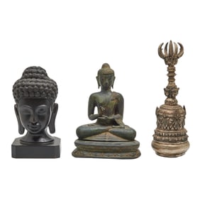 Group of Thai, Burmese, Tibetan Statues and Bell