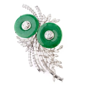 Diamond, Jadeite Jade, Rhodium-Plated White Gold Pendant Brooch