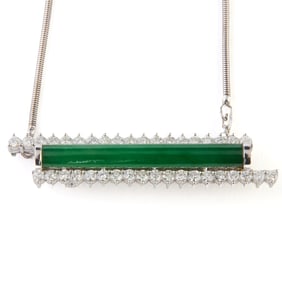 Jadeite Jade, Diamond, 14k White Gold Pendant Brooch Necklace