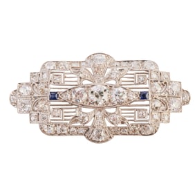 Art Deco Diamond, Sapphire, Glass, Platinum Brooch