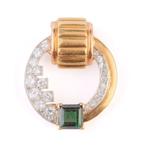 Retro Cartier Green Tourmaline, Diamond, Platinum, 18k Gold Brooch