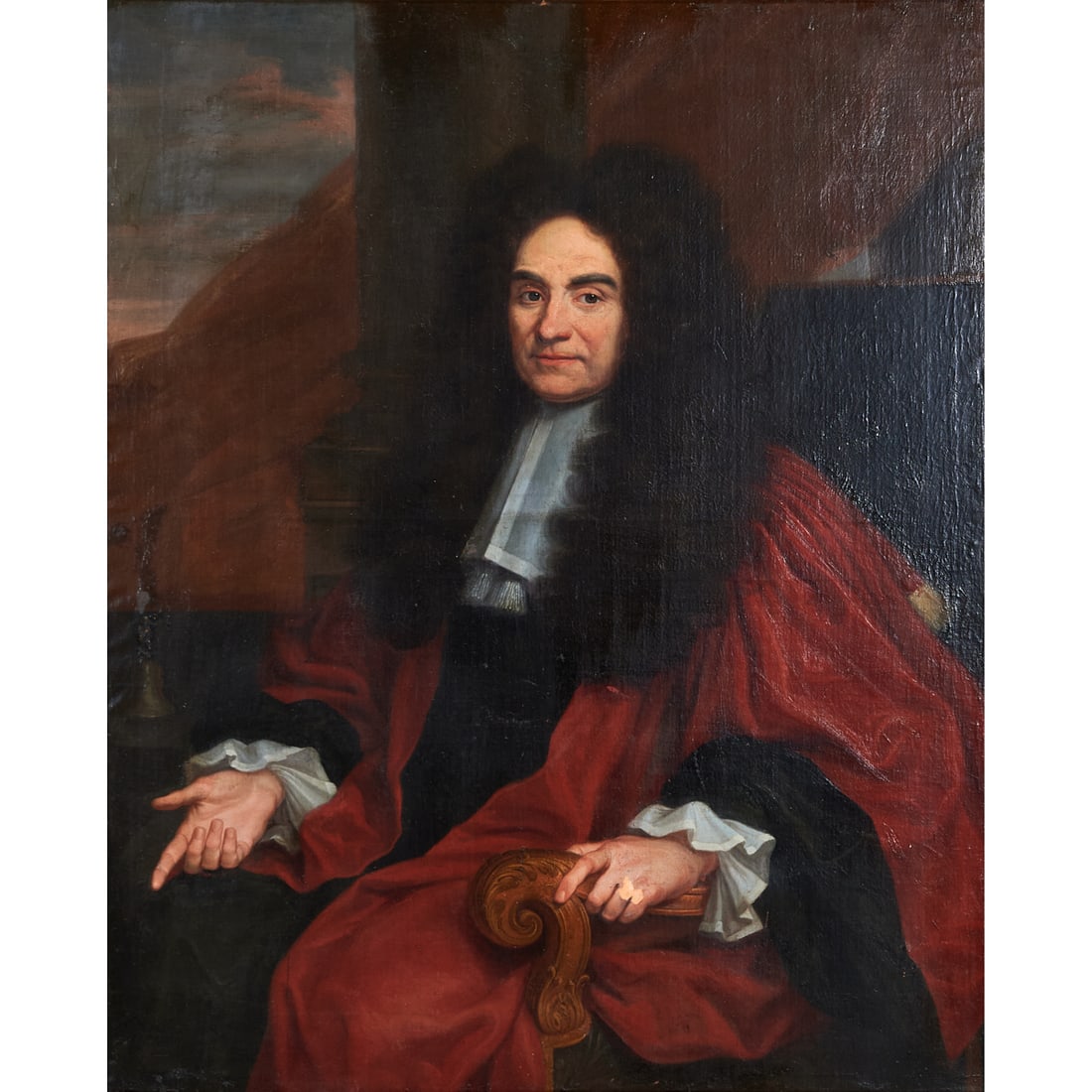 Attri. to Joseph Wright, Portrait, oil on canvas: Attributed to JOSEPH WRIGHT of DERBY (English, 1734-1797), Portrait of French Minister, oil on canvas, (approximate dimensions - sight: 46-1/2 h x 38 w inches), unsigned. Notes: Frame has wear, approx