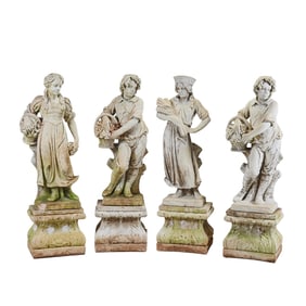 Four Limestone Garden Statues on Pedestals