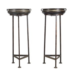 Pair of Large Patinated Metal Stands and Jardinieres