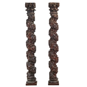 Pair of Carved Wood Solomonic Columns
