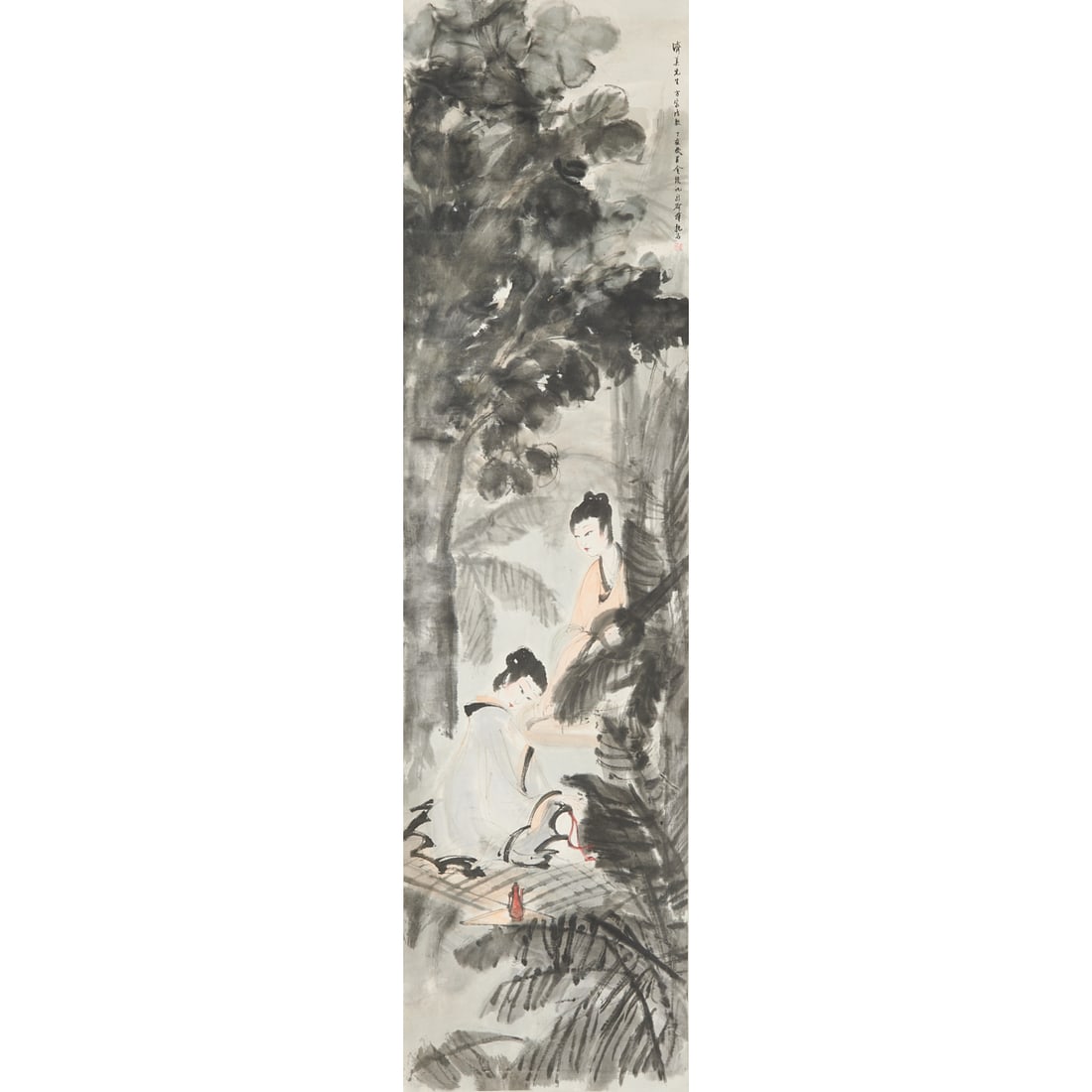 Attributed to Fu Baoshi (1904-1965), Beauties: Attributed to Fu Baoshi (1904-1965), Beauties. Ink and color on paper, dated 1947, signed with one artist seal, mounted as scroll. {Image size: 15.5 x 59.8 inches}. Provenance: Published on "Coll